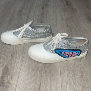 Miu Miu Glitter Beaded Lace-Up Low-Top Sneakers, Silver